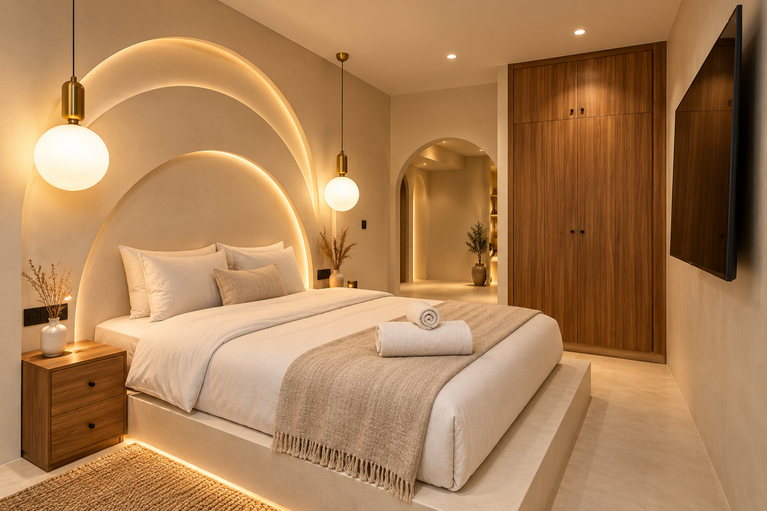 Warmly lit bedroom with sculpted arches in Marrakech