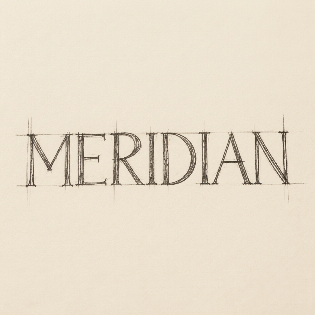 Pencil sketch of the Meridian wordmark on warm ivory paper